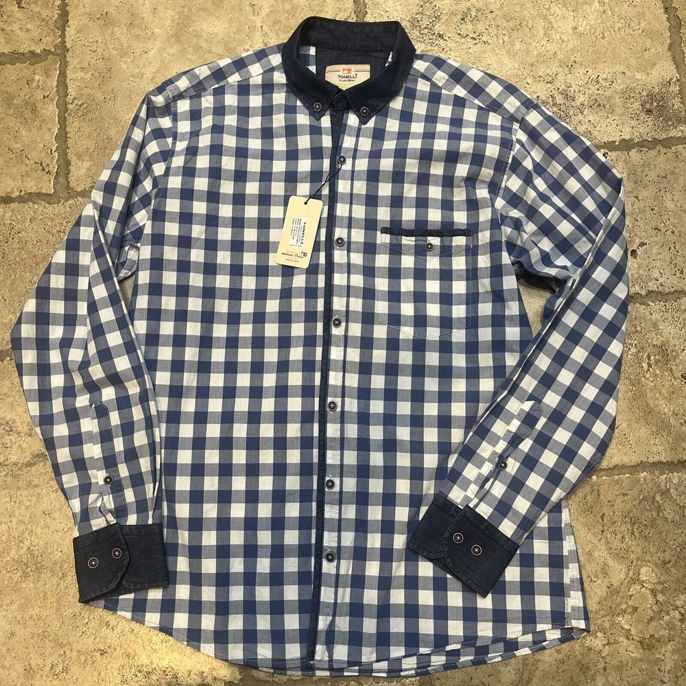 NWT Tonelli Men's Denim Style Collar Plaid Long Sleeve Sz L 100% Cotton‎